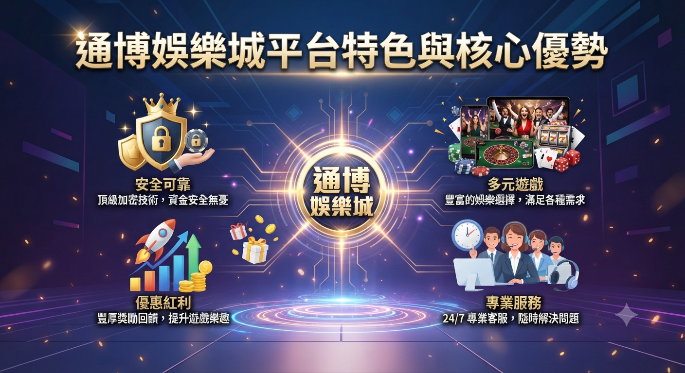 這是一張以「通博娛樂城平台特色與核心優勢」為主題的科技感宣傳圖片，頂部醒目地顯示著大標題。 畫面透過豐富的視覺圖標與藍紫色調，展現出平台的安全可靠、多元遊戲、專業服務與優惠紅利等核心優勢。